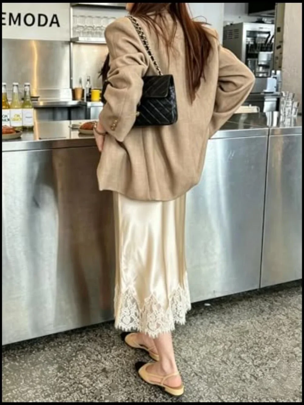 High Waist Satin Midi Skirt Lace Trim Flowy A Line Cocktail Party - Picture 4 of 6